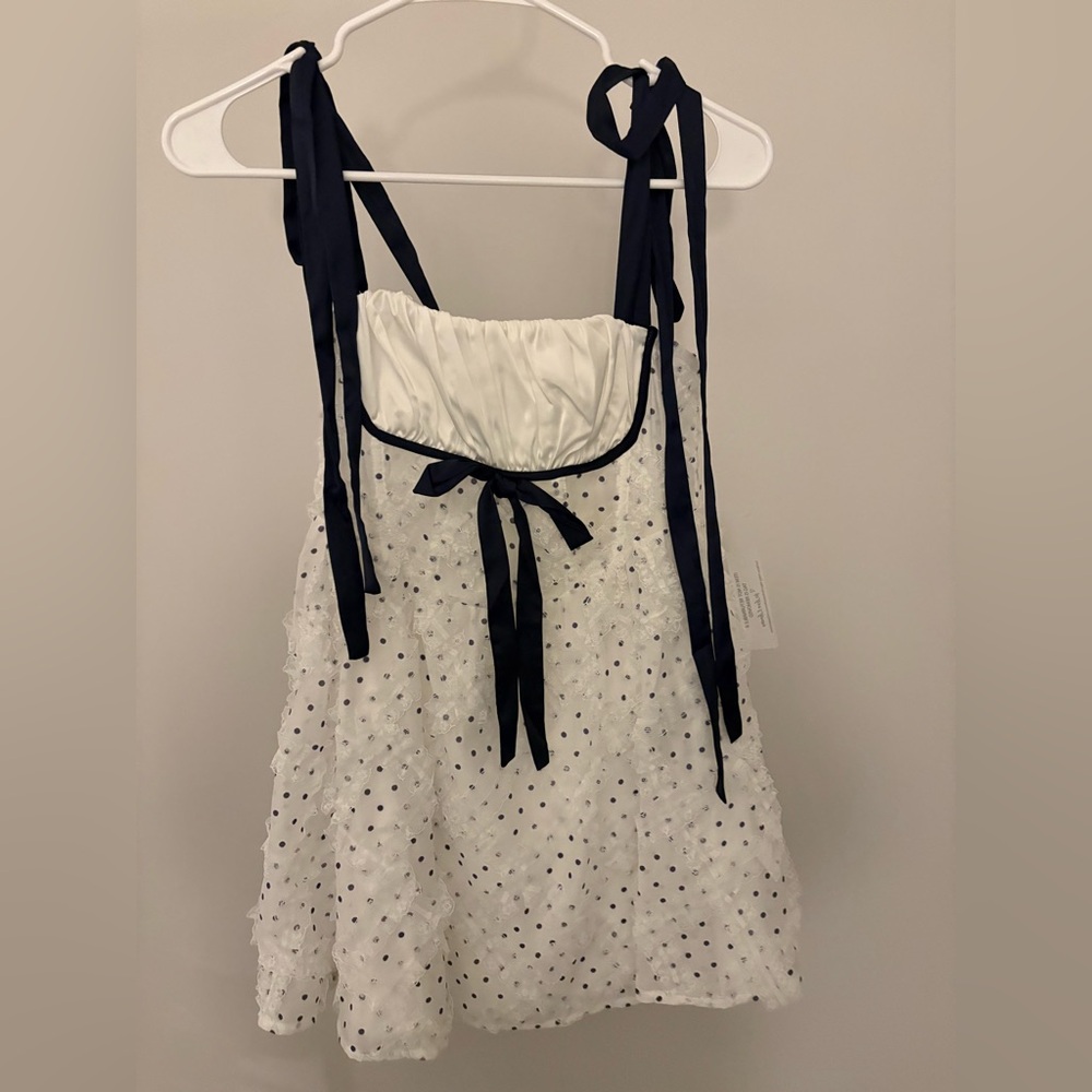 For Love & Lemons navy blue and white Polk a dot mini dress